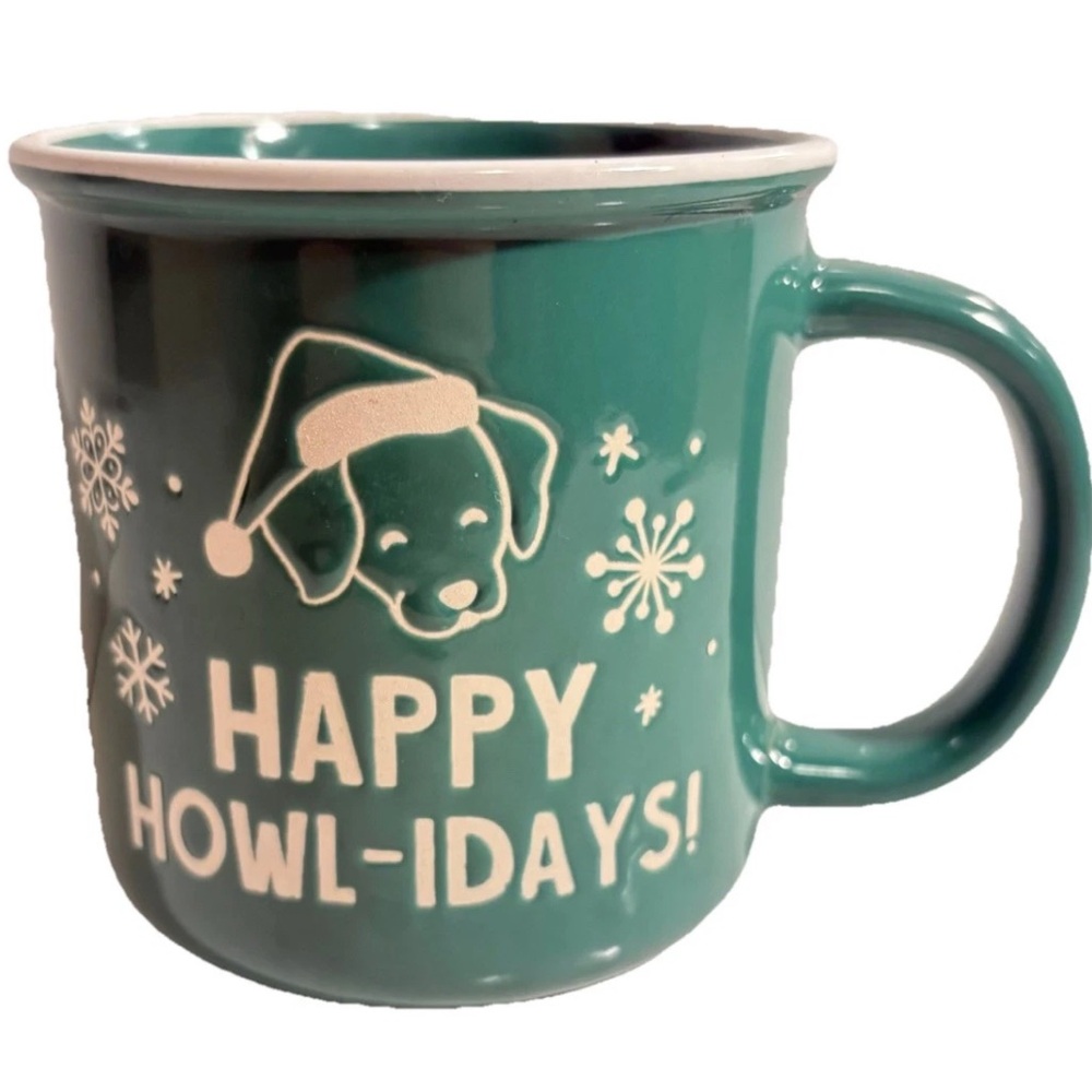 Happy Howlidays Holidays Christmas Puppy Dog Green Stoneware Coffee Tea Cup Mug